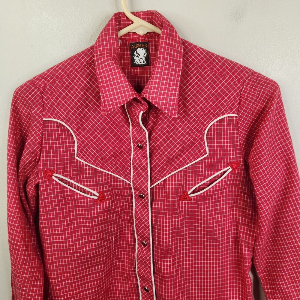 Karman Vintage 70s Womens Pearl Snap Gingham Dual Pocket Western Shirt  Sz 8 - Picture 5 of 9